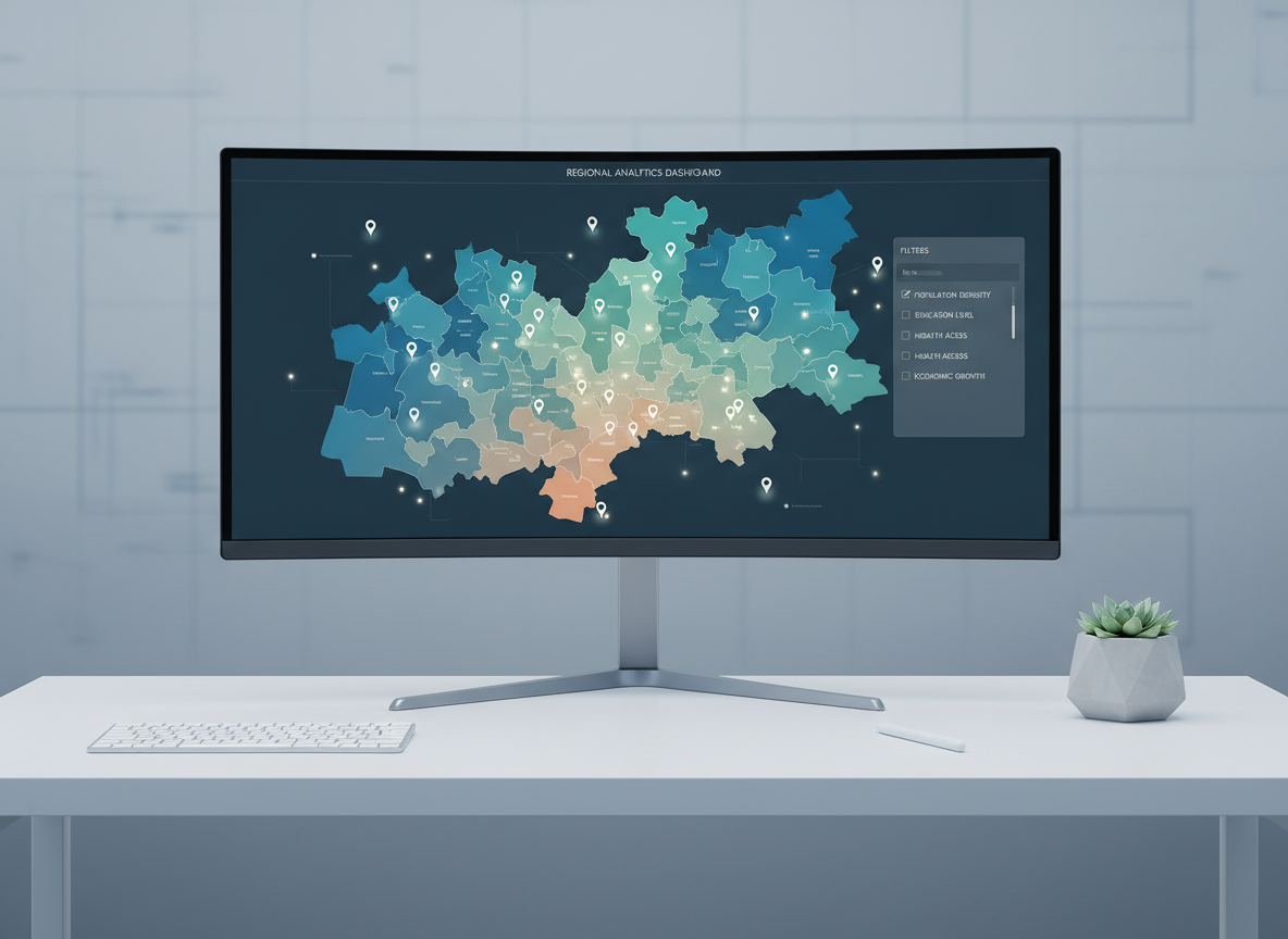 A contemporary digital workspace displayed on a large ultra-wide monitor showing an interactive regional map interface with layered data: color-shaded districts, pinpoint markers, and side-panel filters for social indicators. The monitor sits on a minimalist white desk with a wireless keyboard, stylus, and a small geometric concrete planter holding a single green plant. The background is a softly blurred wall with a subtle grid pattern suggestion of data. Cool, even studio lighting gives the scene a crisp, analytical feel, with faint reflections on the monitor edge. Photographic realism, captured straight-on with sharp focus throughout, conveys an atmosphere of innovative analysis, data-driven insight, and tailored solutions for regional planning and evaluation projects.