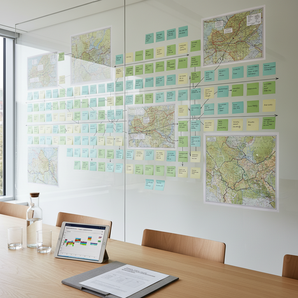 A large frameless transparent wall board covered in meticulously arranged sticky notes, printed charts, and overlapping regional maps in muted greens and blues, each connected by fine hand-drawn lines and arrows. Below, a refined oak conference table holds a slim tablet displaying a project timeline, a minimalist glass water carafe, and a single open folder with a structured evaluation framework. Soft, diffused daylight from a nearby floor-to-ceiling window illuminates the board, creating crisp but gentle shadows that enhance legibility. Shot from a slightly angled perspective in photographic realism, with balanced focus across the scene, the atmosphere feels thoughtful, organized, and forward-looking, perfectly evoking strategic planning, project design, and evidence-based decision-making for complex social and regional issues.