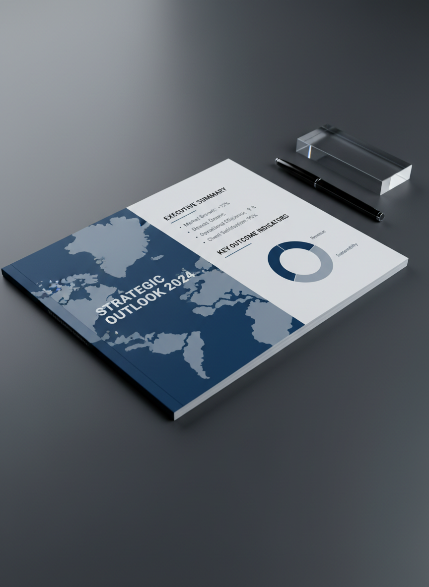 A high-resolution close-up of a meticulously designed printed report lying on a matte charcoal desk, its cover featuring a subtle abstract regional map motif in deep blue and soft grey with the title set in clean, modern typography. The report is open to an executive summary page with clear headings, bullet points, and a simple infographic of outcome indicators. Nearby, a fine-tipped black pen and a slim, frosted-glass paperweight rest in precise alignment. Cool, diffused studio lighting from the left creates gentle, professional shadows and a soft highlight along the report’s spine. Photographic realism, captured from a slightly elevated angle with shallow depth of field, focuses sharply on the text and layout, communicating clarity, rigour, and highly polished communications and report-writing services.