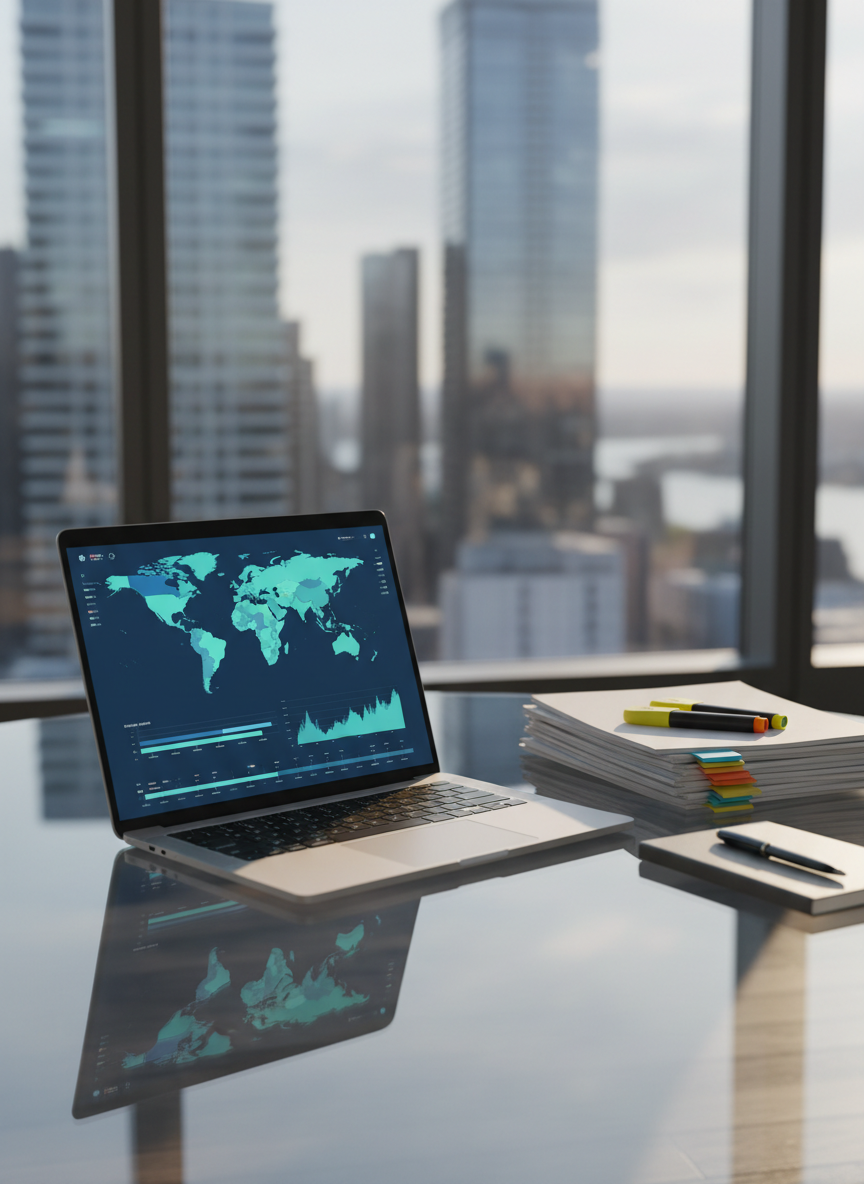 A sleek glass-topped desk supporting an open silver laptop that displays a vibrant, multi-layered data dashboard with regional maps, bar charts, and timelines in calm blues and teals. Beside it, neatly stacked printed reports with color-coded tabs, highlighters, and a slim graphite notebook rest in orderly alignment. The workspace sits near a large panoramic window overlooking a softly blurred modern cityscape. Late-afternoon natural light pours in, creating gentle reflections on the glass surface and subtle shadows under the objects. Photographic realism with a clean, modern aesthetic, captured at eye level with a shallow depth of field, emphasizes clarity, insight, and professional strategic thinking, conveying innovative, tailored solutions grounded in rigorous research and analysis.