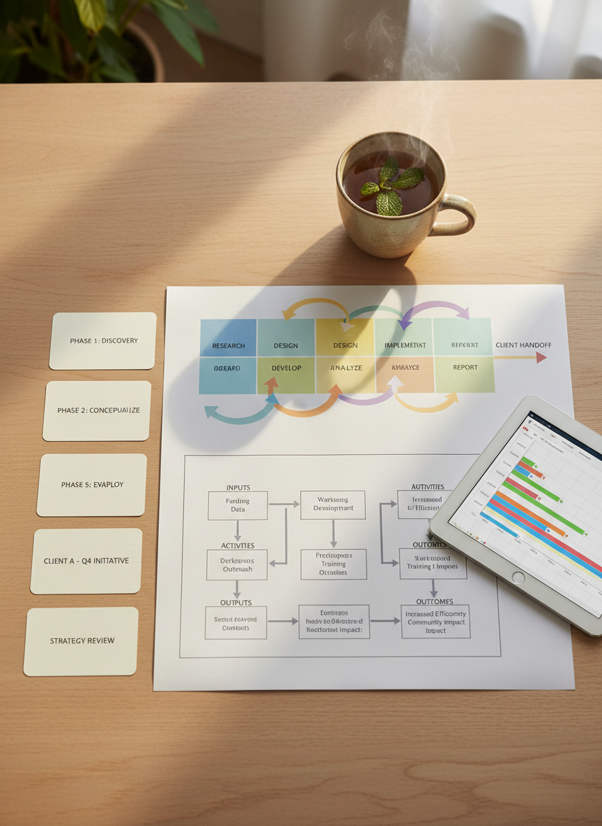 An overhead photographic view of a carefully arranged project-planning workspace on a warm light-wood table. A large printed timeline runs horizontally with colored milestones and arrows, intersected by a logic model diagram linking inputs, activities, outputs, and outcomes. Around it sit neatly aligned index cards labeled with project phases, a slim tablet showing a Gantt chart, and a simple ceramic cup of herbal tea. Soft morning light from an unseen window bathes the scene, creating long, gentle shadows and a calm, focused atmosphere. Photographic realism with a balanced composition and moderate depth of field highlights structure and order, visually representing thoughtful project development, delivery planning, and strategic evaluation design tailored to client needs.