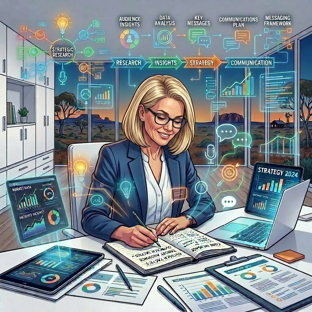 Woman working on strategic research and communication planning with data charts and digital interfaces